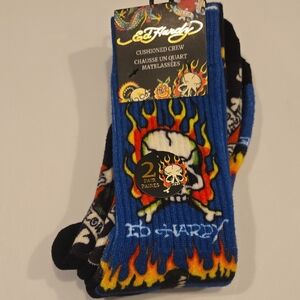Ed Hardy 2 Pairs of Men's Y2K Blue and Black Skull Crew Socks